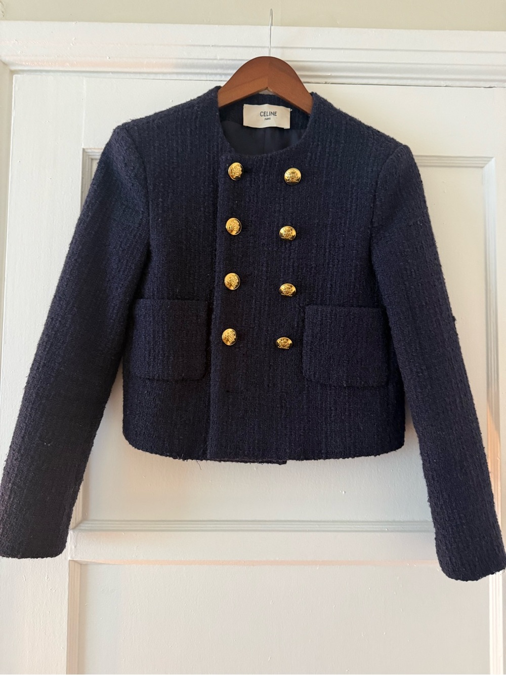 Navy Bouclé Cropped Double-Breasted Jacket with Gold Buttons